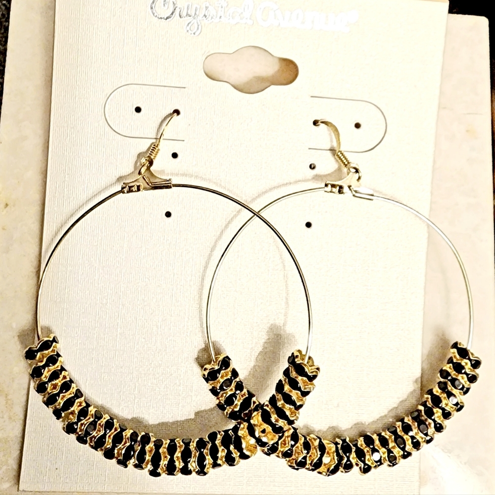 Silver hoop with black and gold findings dangle earrings